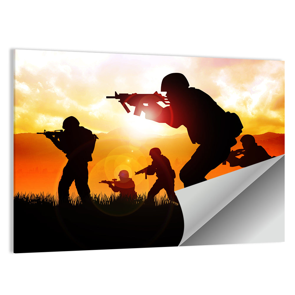 Soldiers Silhouette at Sunrise Wall Art