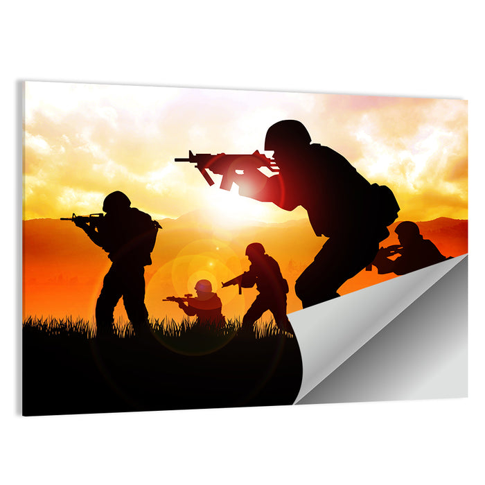 Soldiers Silhouette at Sunrise Wall Art as a poster print