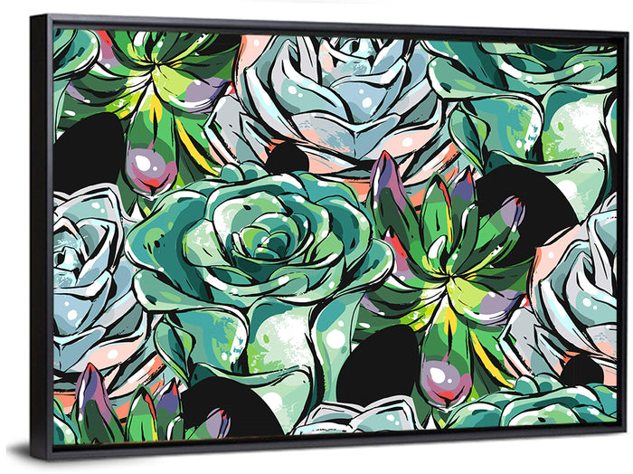 Turquoise Succulent Collage Wall Art as a framed canvas