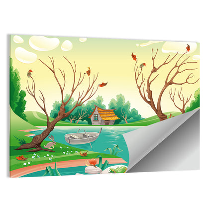Thatched Village by the Lake Wall Art