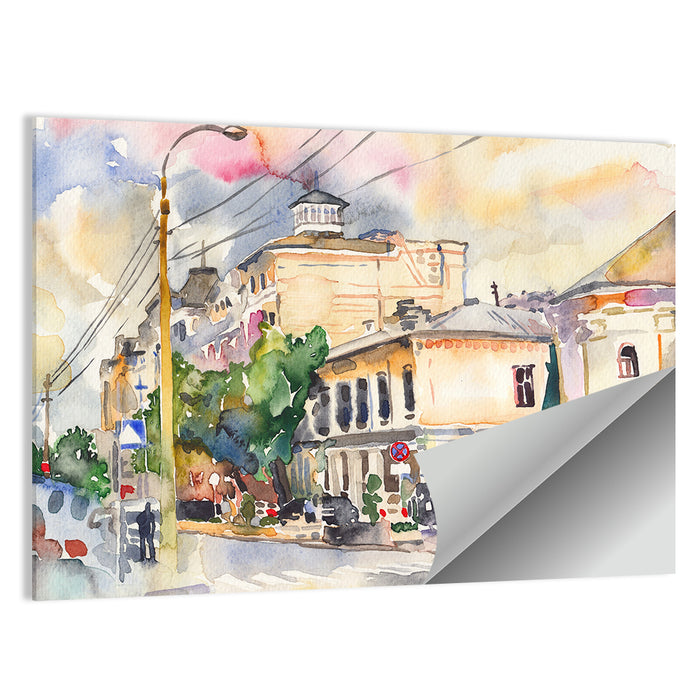 Sunlit City Street Watercolor Wall Art as a poster print