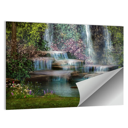 Multi-tier Jungle Waterfall with Pink Blossoms Wall Art