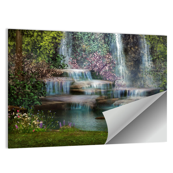 Multi-tier Jungle Waterfall with Pink Blossoms Wall Art as a poster print