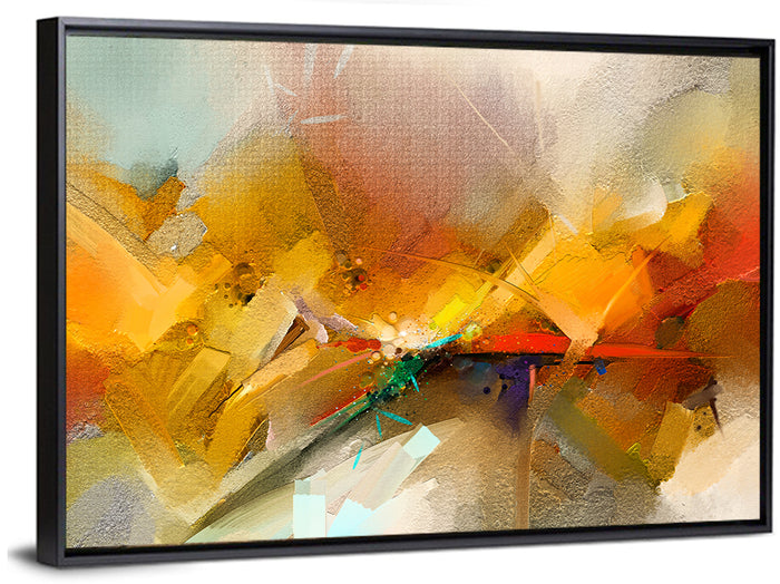 Gold and Teal Brushstroke Abstract Wall Art as a framed canvas