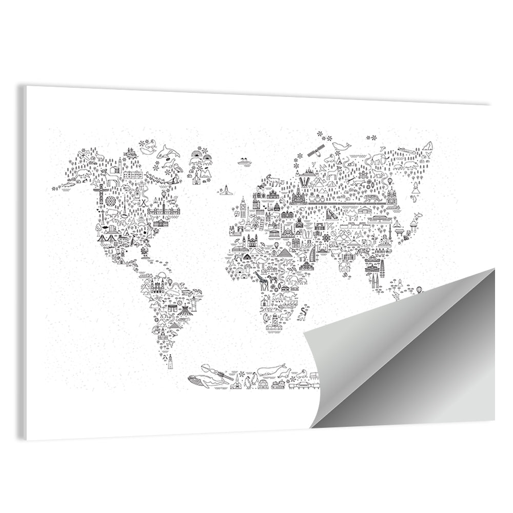 World Travel Line Icons Map Wall Art