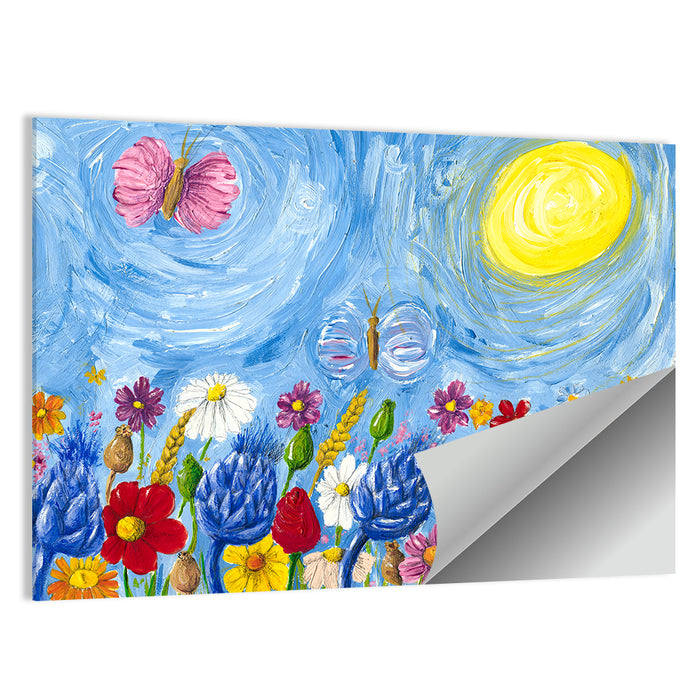 Sunlit Wildflower Meadow with Butterflies Wall Art as a poster print