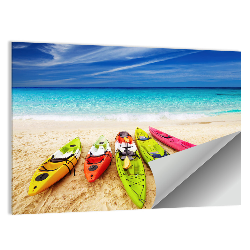 Five Colorful Kayaks on White Sand Wall Art
