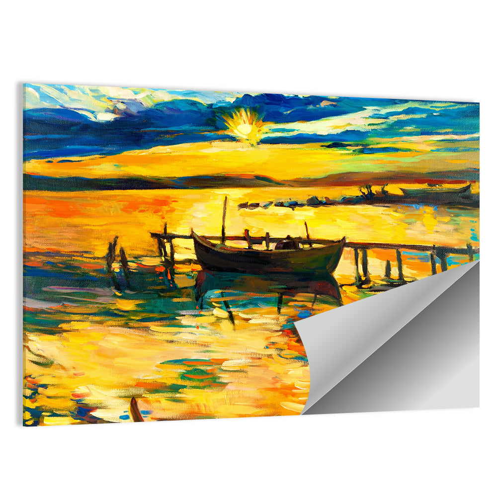Sunset Boat at Jetty Oil Painting Wall Art