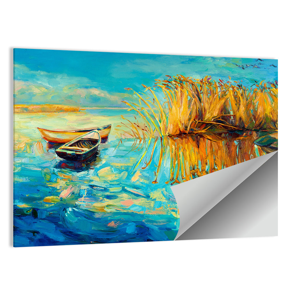 Rowboats and Reeds on Blue Lake Wall Art