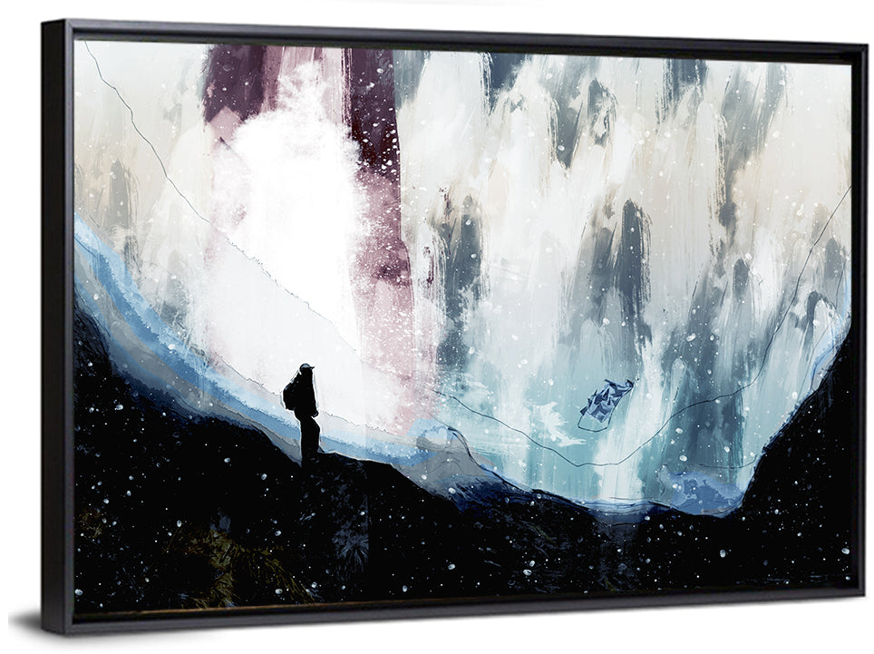 Silhouette on Cliff Over Waterfall Wall Art