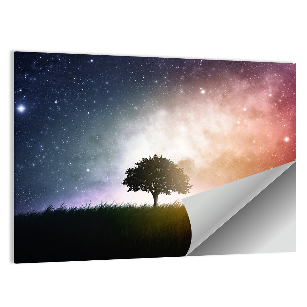 Tree Silhouette Under Nebula Sky Wall Art