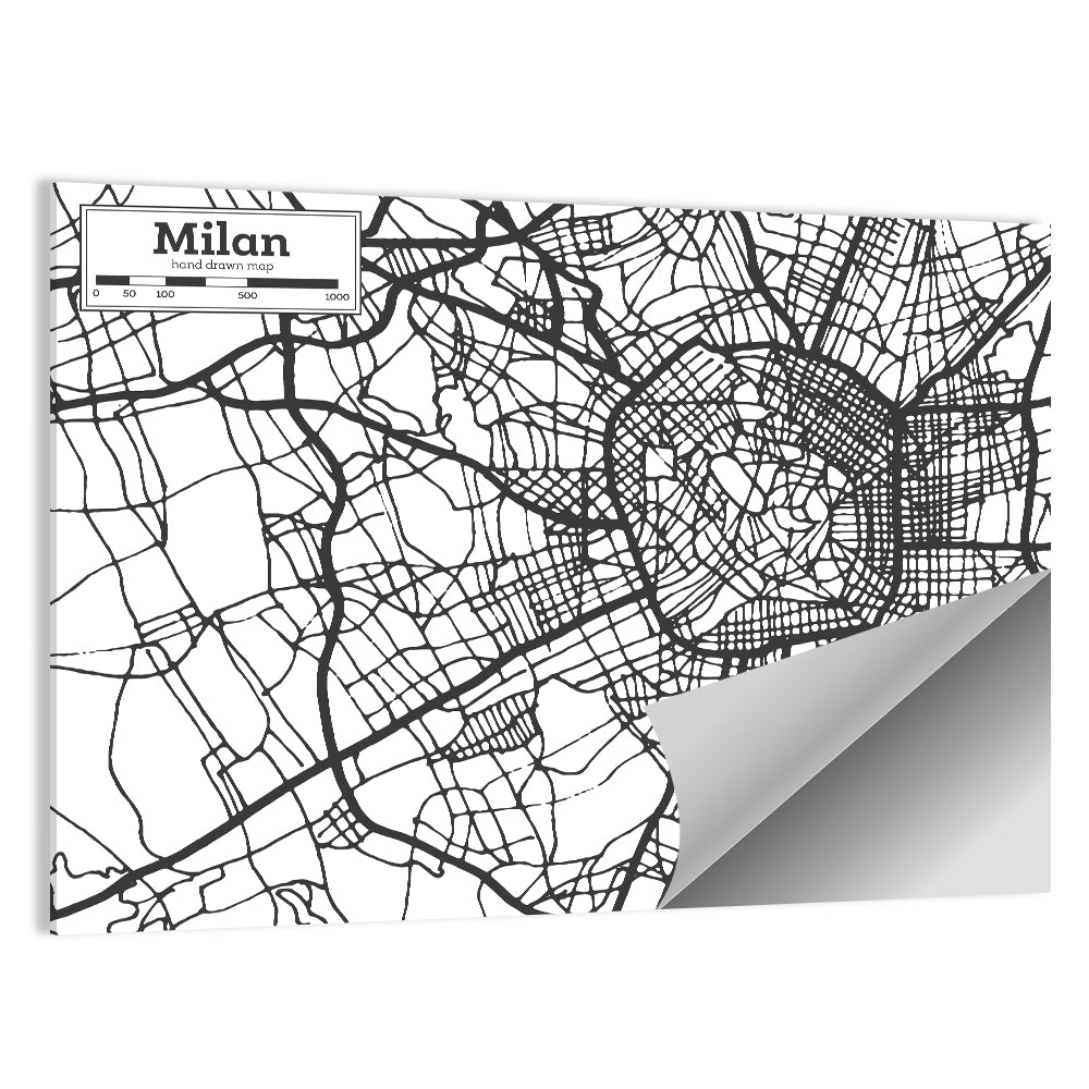 Milan City Map Monochrome Wall Art