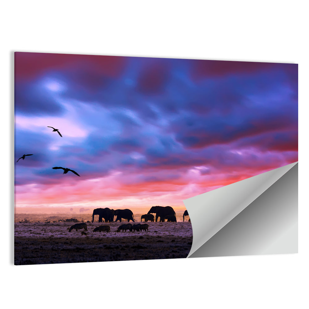Elephants at Savannah Sunset Wall Art