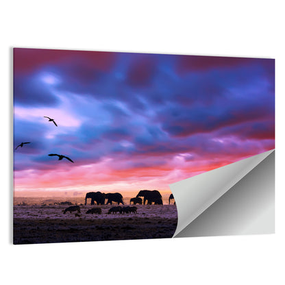 Elephants at Savannah Sunset Wall Art