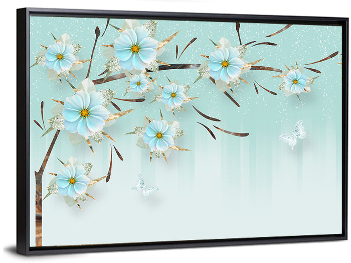 Ethereal Blue Floral Branch Wall Art as a framed canvas