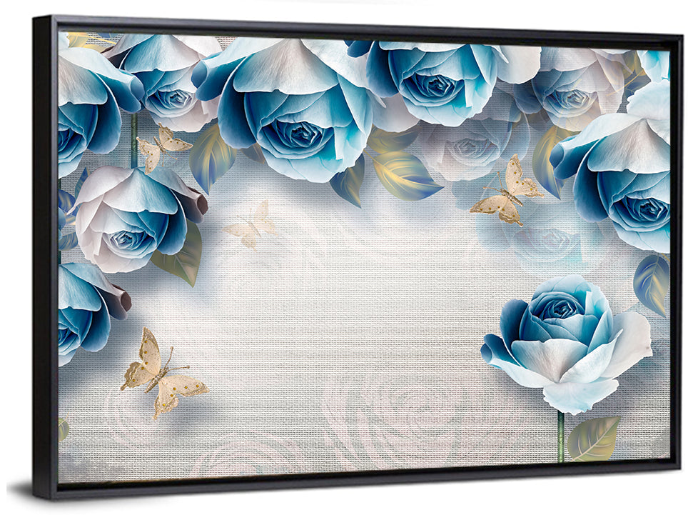 Blue Rose Border with Gold Butterflies Wall Art