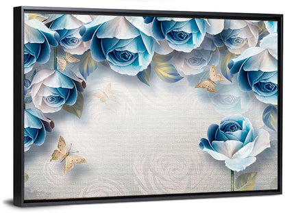Blue Rose Border with Gold Butterflies Wall Art