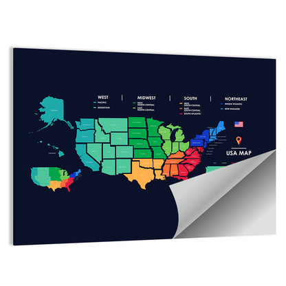 Color Coded US Regions Map Wall Art