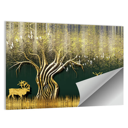Golden Jungle Deer Scene Wall Art