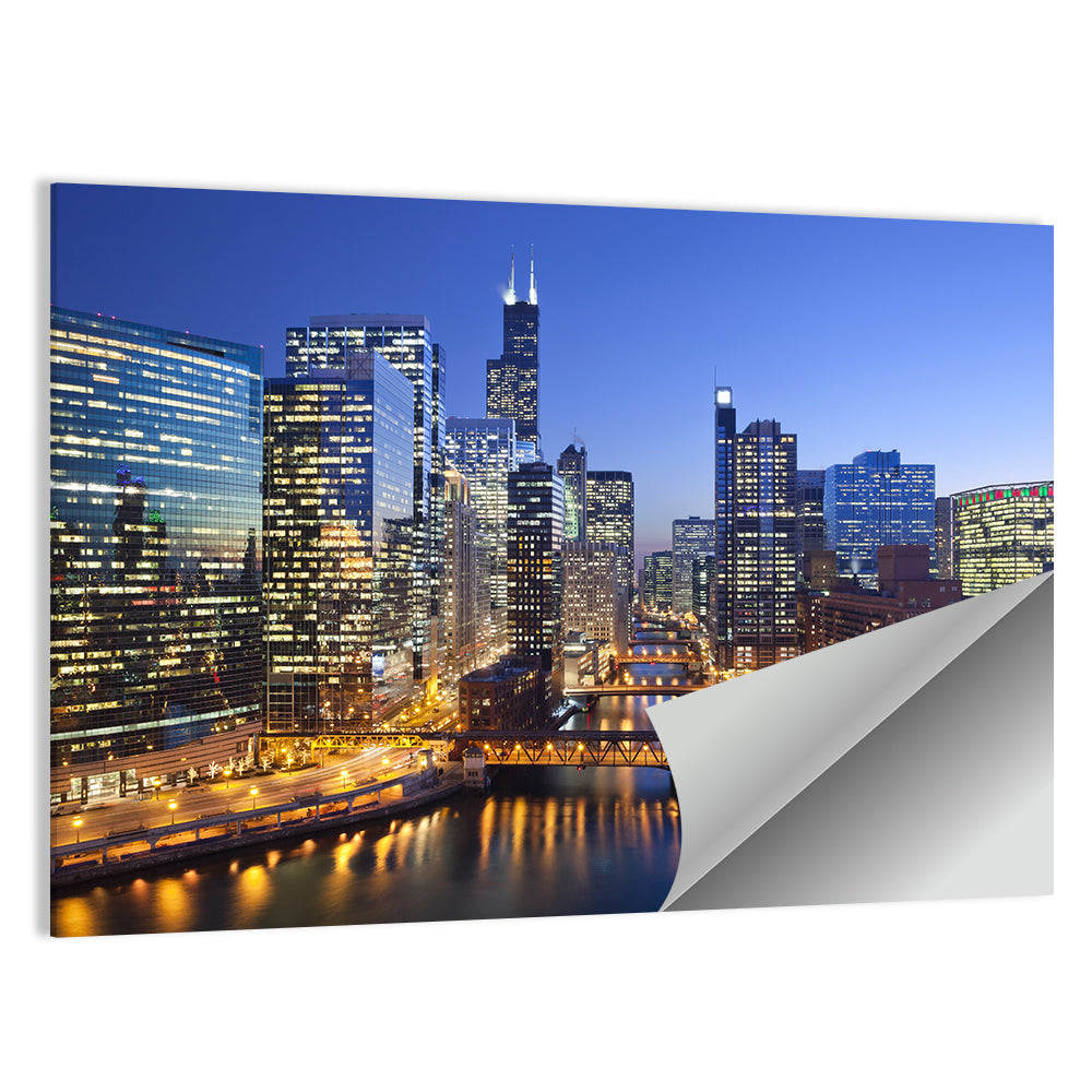 Chicago River Night Skyline Wall Art