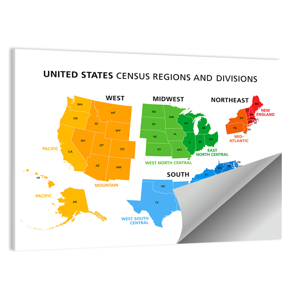 United States Census Regions Map Wall Art