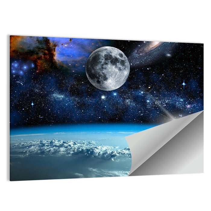Earth and Moon Over Clouds Wall Art as a poster print