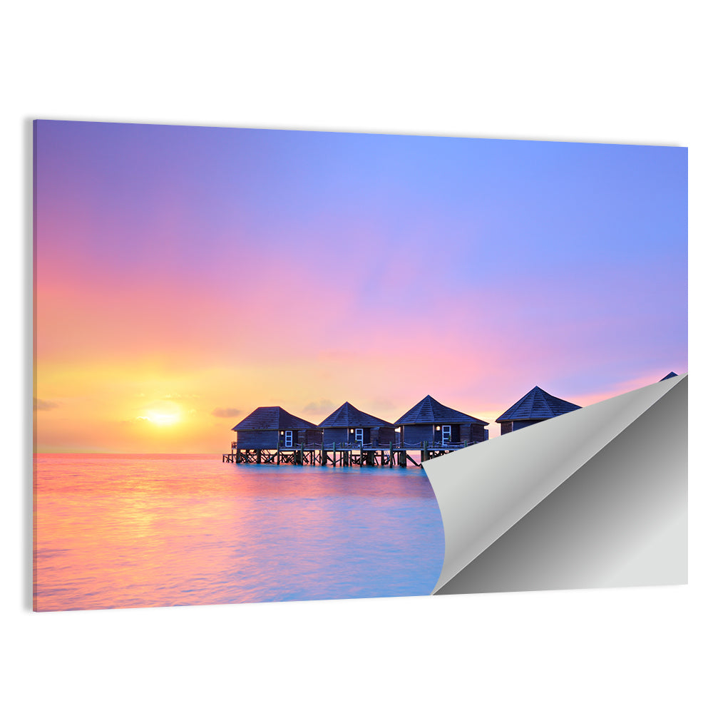 Maldives Sunset Over Water Bungalows Wall Art