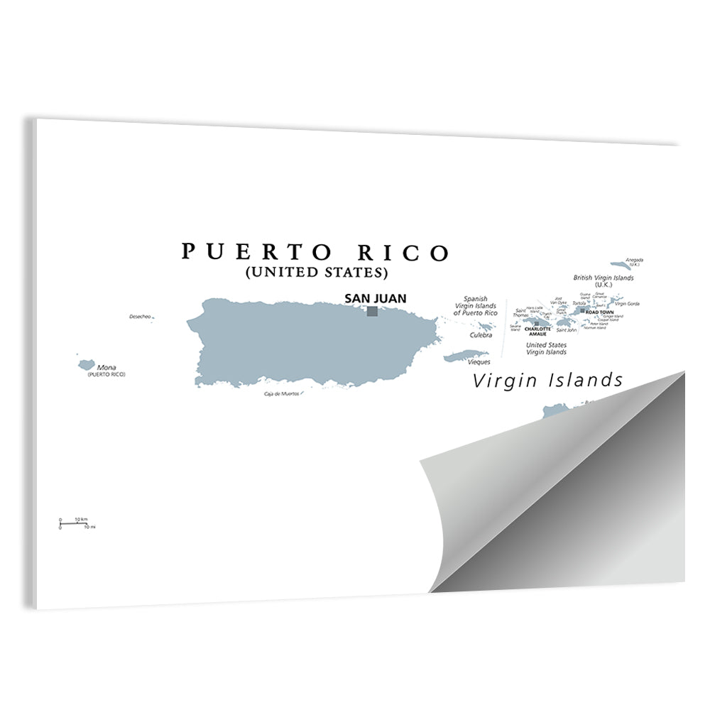 Puerto Rico and Virgin Islands Political Map Wall Art