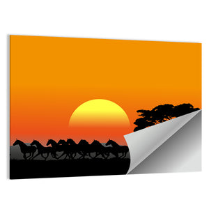 Horses Herd At Sunset Wall Art