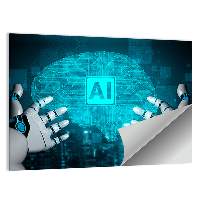 Glowing Ai Brain with Robotic Hands Wall Art as a poster print