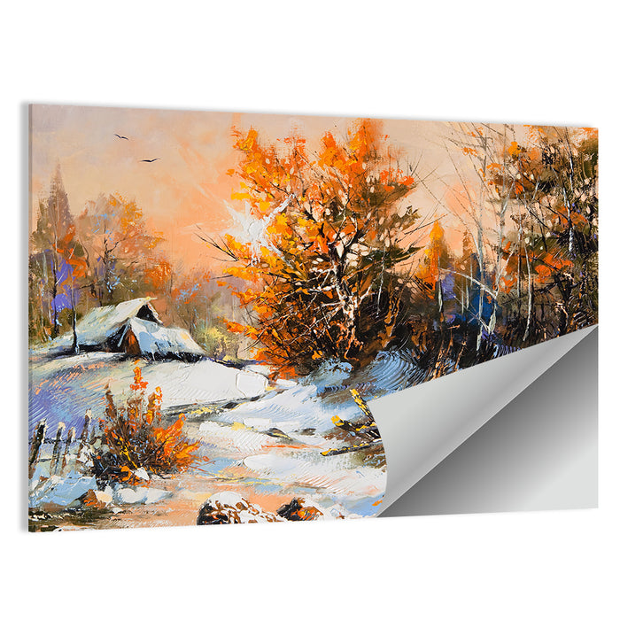 Winter Cottage Landscape Wall Art as a poster print
