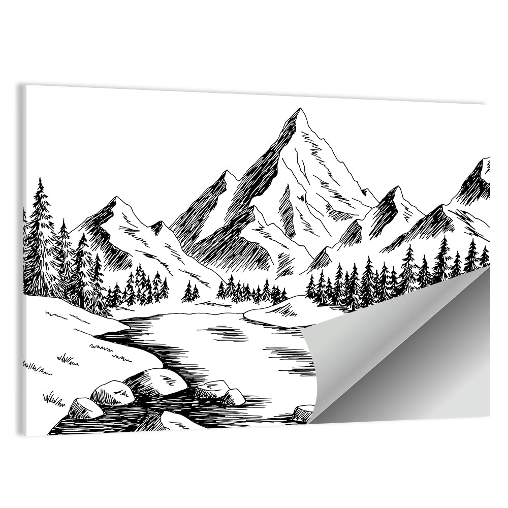 Monochrome Mountain Lake Sketch Wall Art