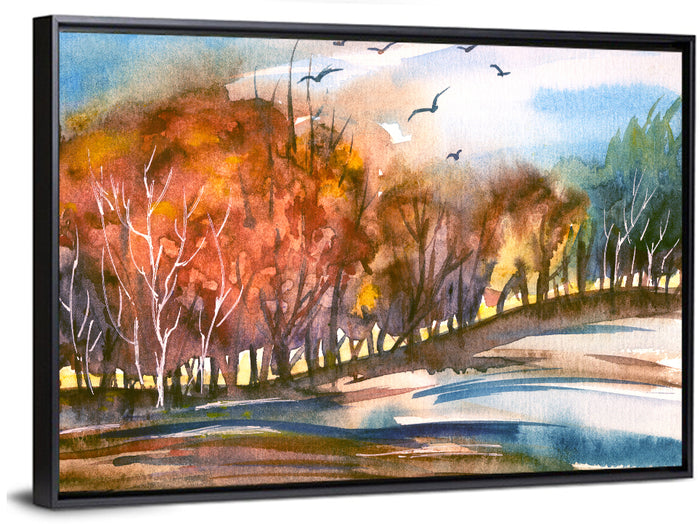 Autumn Dusk Watercolor Landscape Wall Art as a framed canvas
