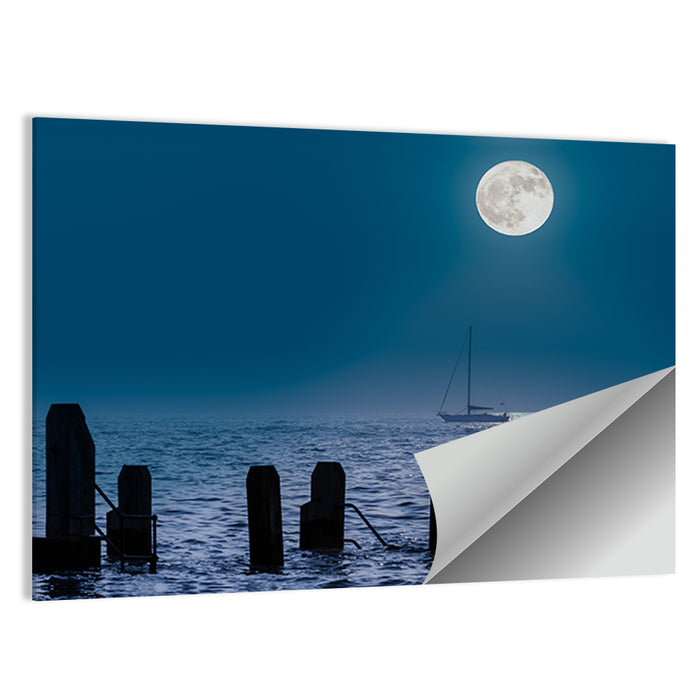 Moonlit Sailboat with Wooden Pylons Wall Art as a poster print