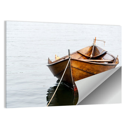 Tethered Wooden Rowboat on Calm Water Wall Art