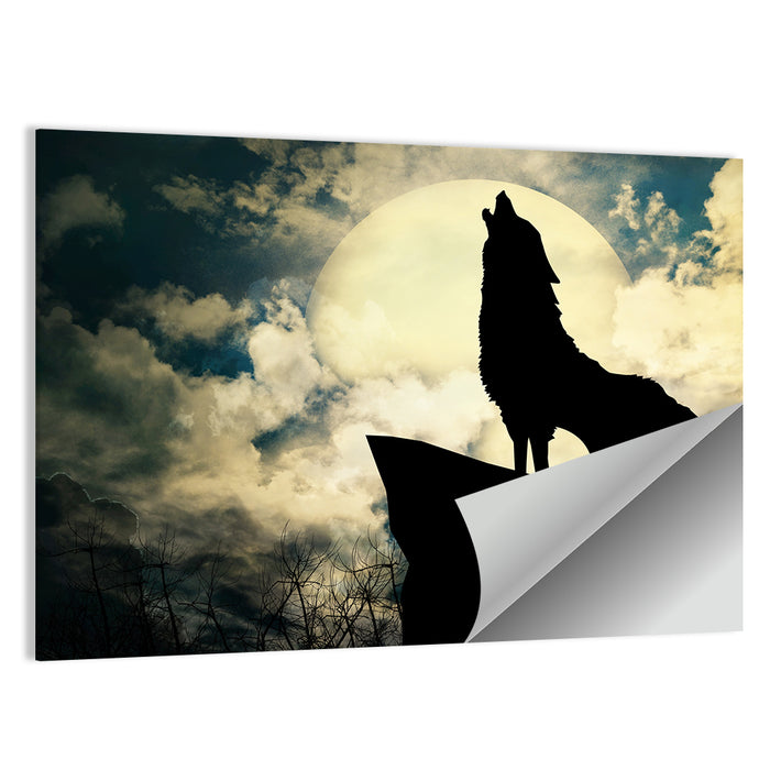 Howling Wolf Silhouette Against Full Moon Wall Art as a poster print
