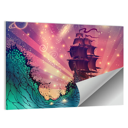 Tall Ship on Cosmic Waves Wall Art