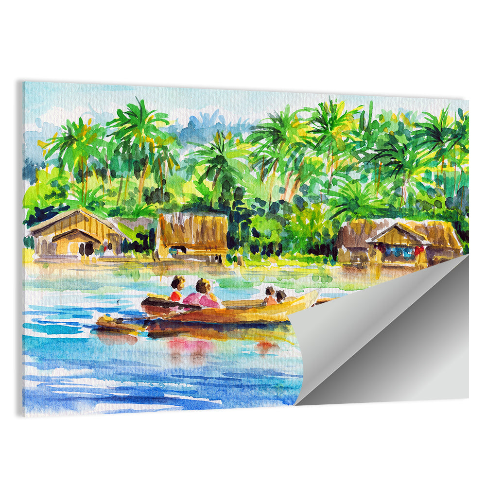 Boat in Tropical Village Wall Art