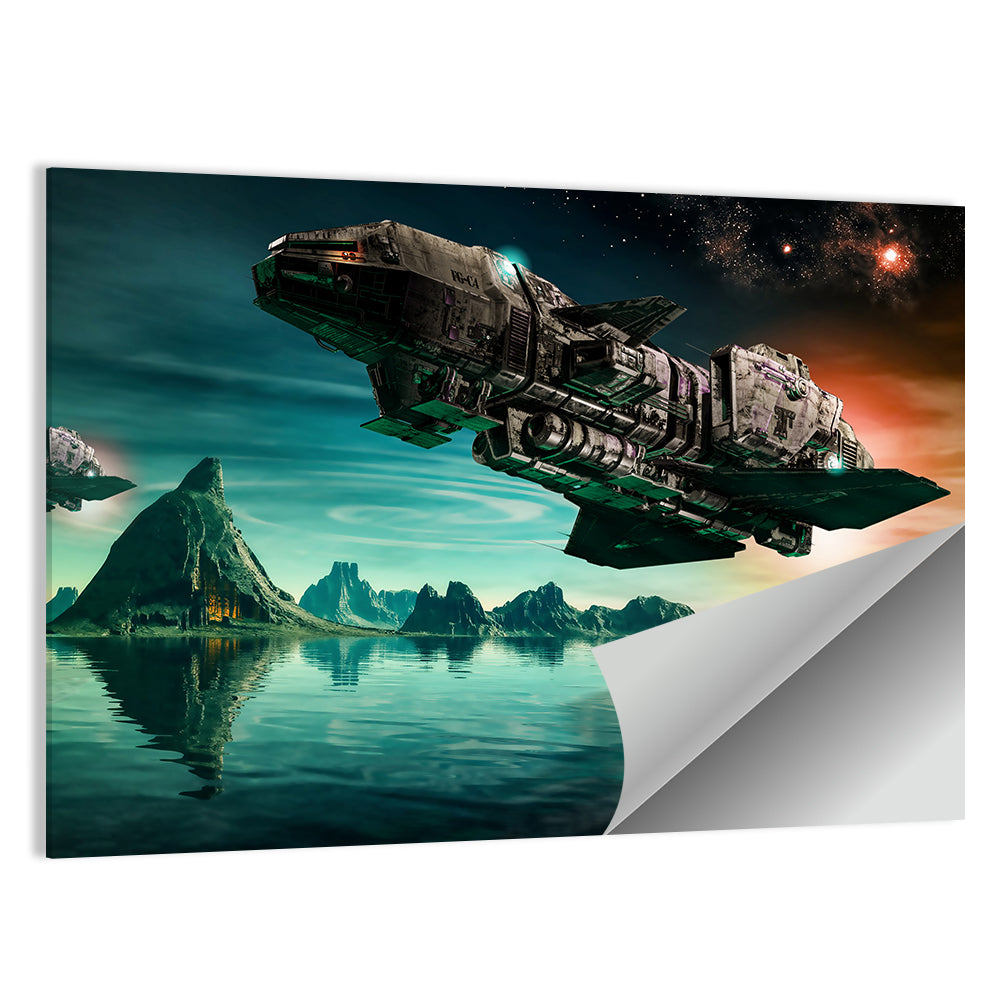 Dusk Battle Spacecraft Over Mountain Lake Wall Art