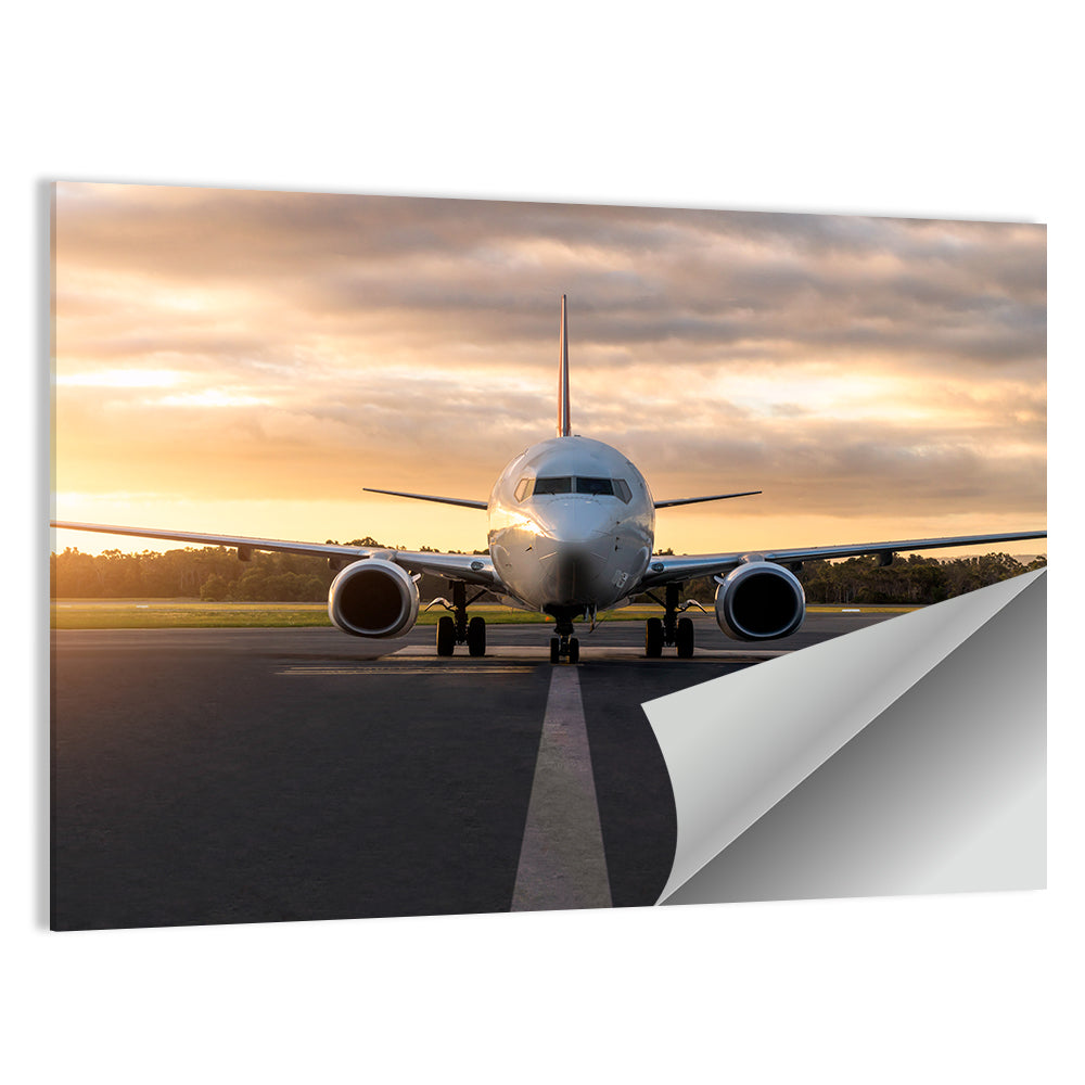 Front Facing Airplane on Runway at Sunset Wall Art