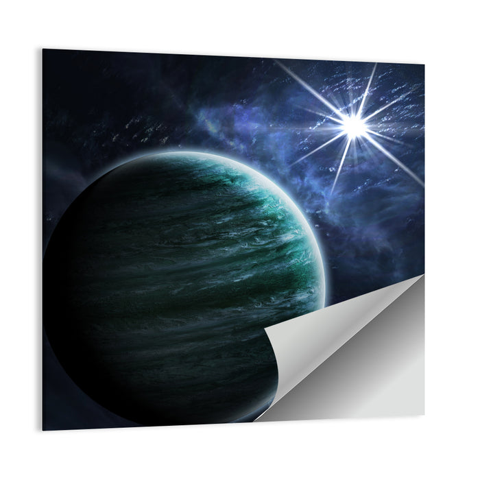Blue Planet Closeup with Star Flare Wall Art as a poster print