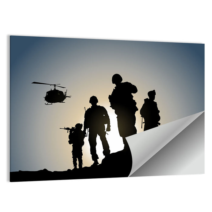 Soldiers on Ridge with Helicopter Wall Art as a poster print