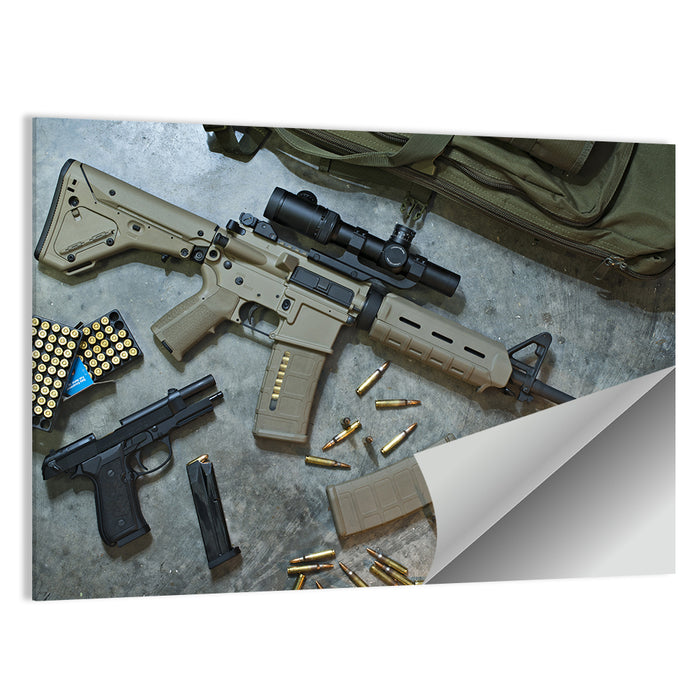 Scoped Rifle and Handgun with Ammo Wall Art as a poster print
