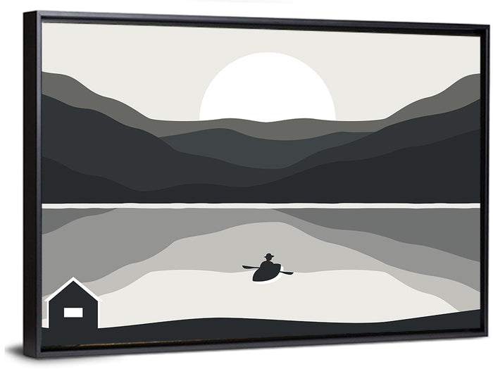 Fisherman at Mountain Lake Wall Art as a framed canvas