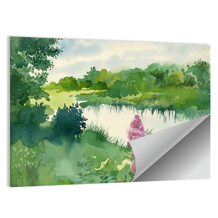 Lake Reflection with Purple Flowers Wall Art as a poster print