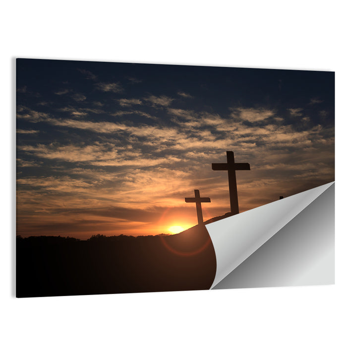Three Crosses at Golden Sunset Wall Art as a poster print
