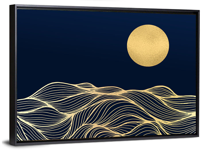 Geometric Moon Over Waves Wall Art as a framed canvas