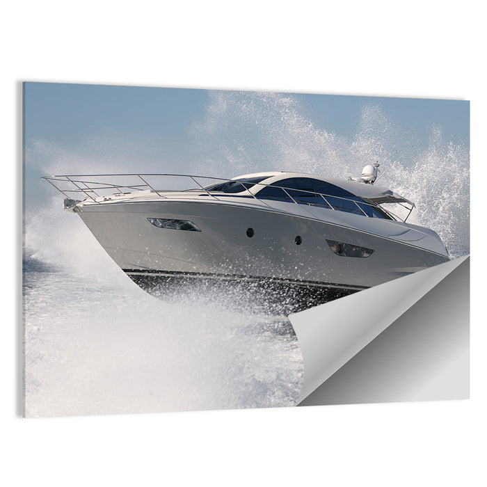 Motor Yacht Cutting Through Spray Wall Art as a poster print