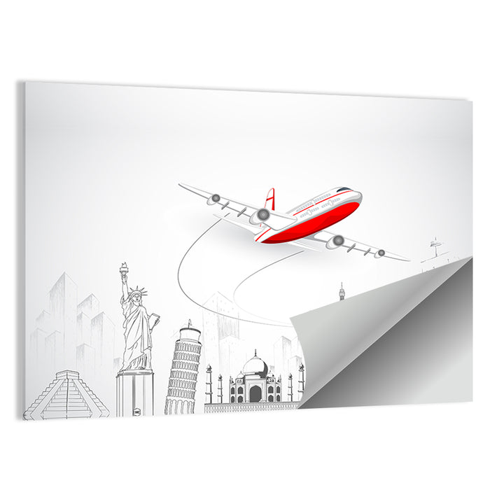 Airplane Over World Landmarks Wall Art as a poster print