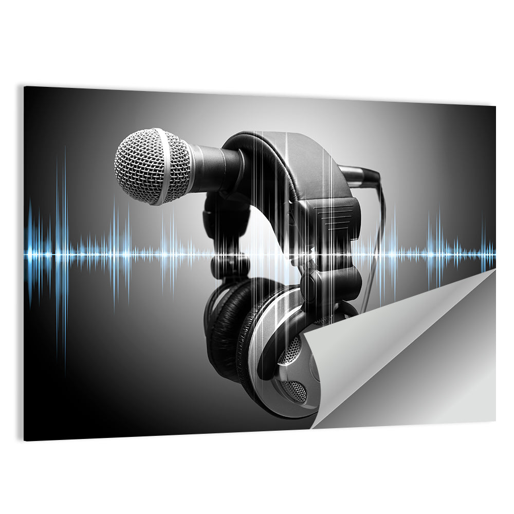 Headphones on Microphone with Sound Waves Wall Art